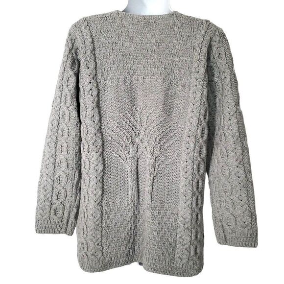 Kilronan Wool Cable Knit Cardigan Sweater M Tree Pattern Front Back Heather Gray - Picture 5 of 7